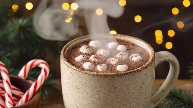 A ceramic mug filled with steaming hot cocoa and mini marshmallows floating on surface. Candy canes, cinnamon sticks, pine branches, and twinkling fairy lights create a cozy, festive holiday scene
