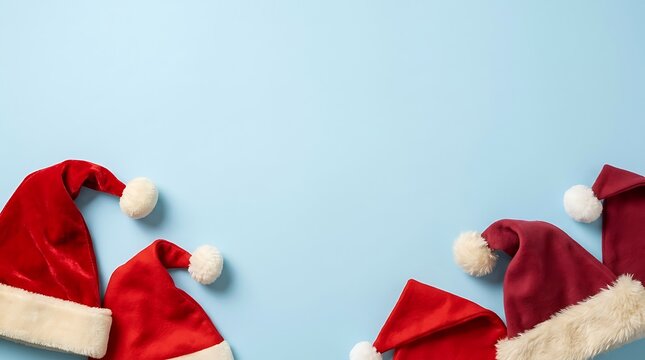 Red santa claus hats with white pom-poms arranged on a light blue background, for a festive, christmas holiday season, greeting card or invitation