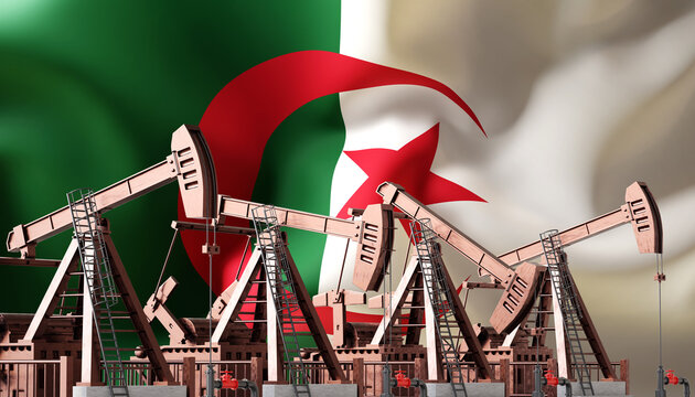 Oil pump jacks on background of Algeria flag