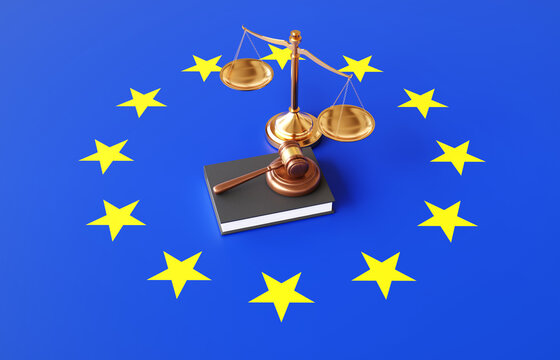 Judge gavel and scales on the European Union flag