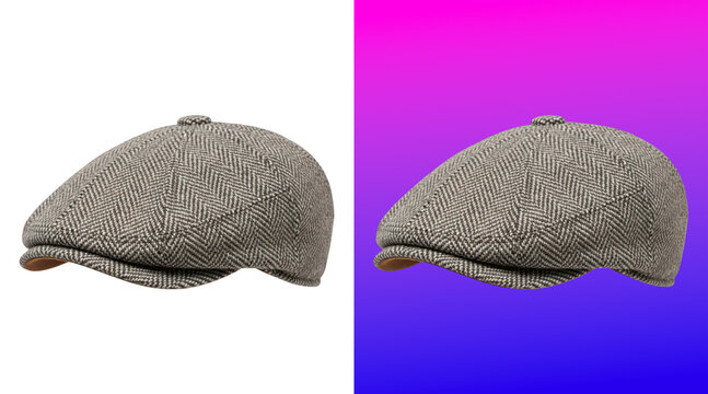 Classic brown herringbone pattern tweed flat cap isolated on a plain white background view