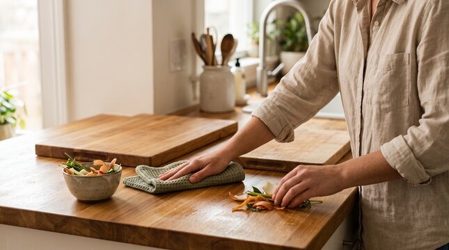 A person wiping a kitchen countertop with a reusable cleaning cloth after preparing a meal, clean cutting board, a few vegetable scraps being gathered into a small compost bowl