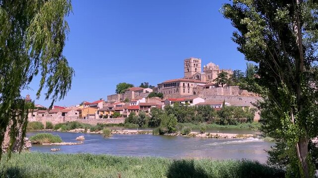 zamora cathedral and duero river skyline, ancient medieval city panorama in castile and leon spain, travel destination