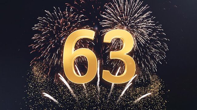 Golden Birthday Number 63 with Fireworks, Gold Particle Animation