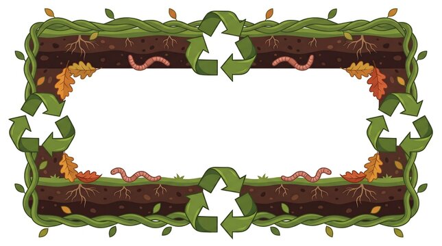 Organic compost recycling vector frame border with soil, worms, and vines