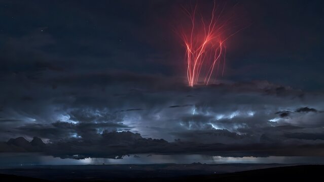 Red sprite lightning above storm clouds at night in dark sky