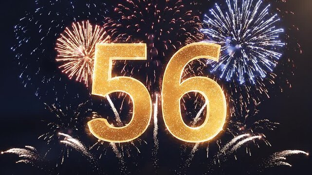 Golden Birthday Number 56 with Fireworks, Gold Particle Animation