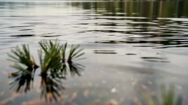 Pine branch floating on calm pond water as ripples spread across reflective surface, shallow focus reveals submerged leaves and blurred shoreline in tranquil nature setting