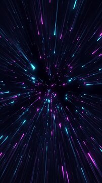Abstract 3D motion graphics showing bright glowing cyan and neon pink particle rays bursting and streaming outward from a central black void