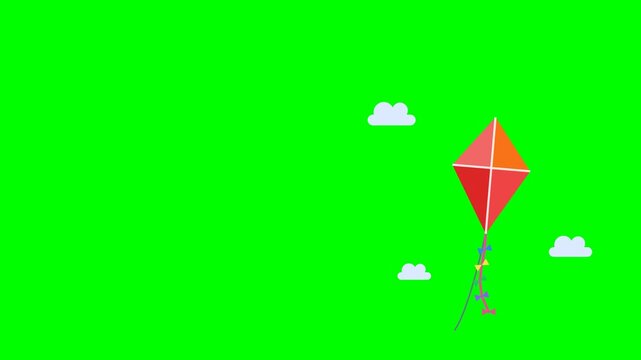 Red kites and white clouds flying on green screen background