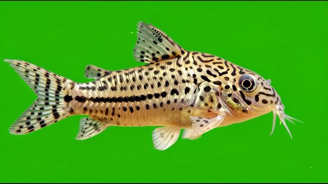 A clown corydoras catfish with spotted body, isolated on a green background