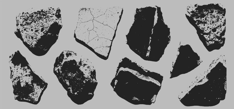 Grunge Stone Fragments Texture Collection, Cracked Vector Rocky Shards Black White, Rough Weathered Edges Isolated Cutout Shapes, Suitable Nature Themed Overlay Background Elements