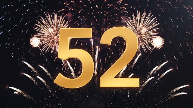 Golden Birthday Number 52 with Fireworks, Gold Particle Animation