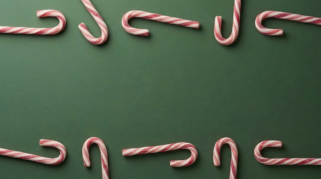 Red and white striped candy canes arranged in two horizontal rows on a dark green background, for a festive, holiday greeting card, or background