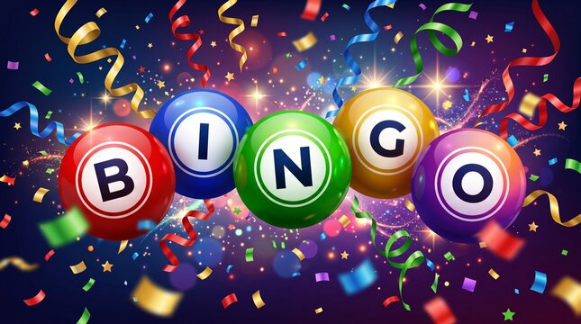 A dynamic, festive composition featuring five colorful bingo balls spelling out "BINGO," surrounded by confetti and streamers&mdash;perfect for game nights and promotional flyers