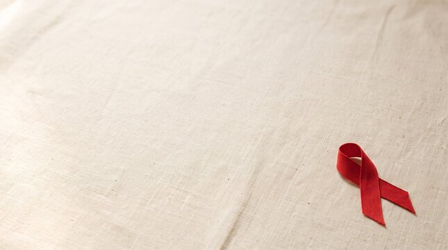 Minimal Red HIV Awareness Ribbon on Warm White Background with Large Copy Space for World AIDS Day Campaign