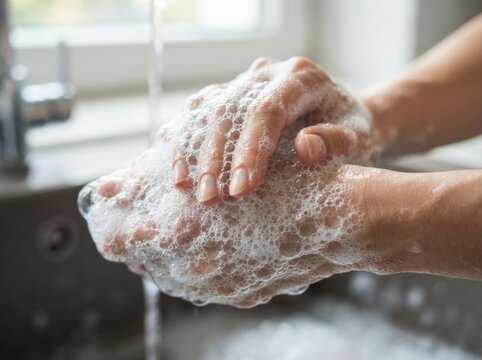 soap foam micro bubbles macro Person washing hands with soap and water covered in foam bubbles