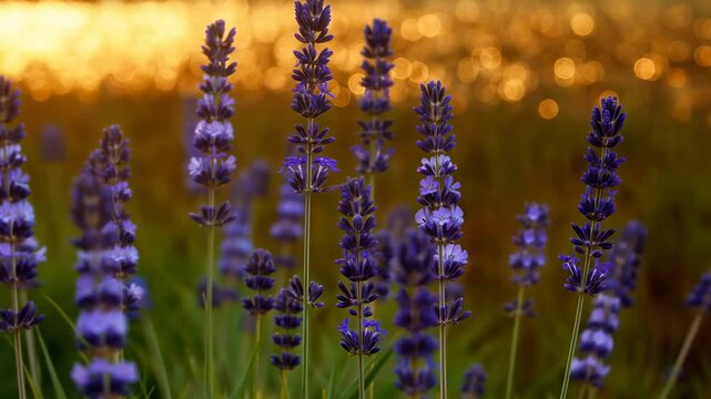 Lavender flowers sway gently in a sunlit meadow during golden hour. Wellness advertising, spa promotion, and aromatherapy marketing.