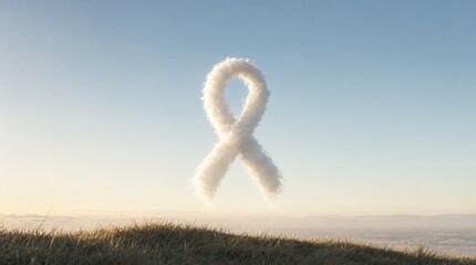Naklejka premium A single ribbon shaped dreamlike cloud hovering over a quiet peaceful sunrise landscape background.