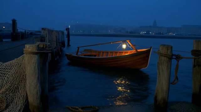 Illuminated fishing boat floats beside a coastal harbor pier at blue hour. Coastal tourism promotion, maritime documentary, and fishing industry presentation.