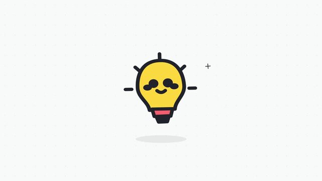 Glowing Lightbulb mascot flashing bright ideas with lively squash and stretch motion, vibrant minimalist flat icon animation on solid background