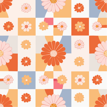 Pastel Color Checkerboard Wallpaper Pattern with Retro Groovy Flowers Seamless