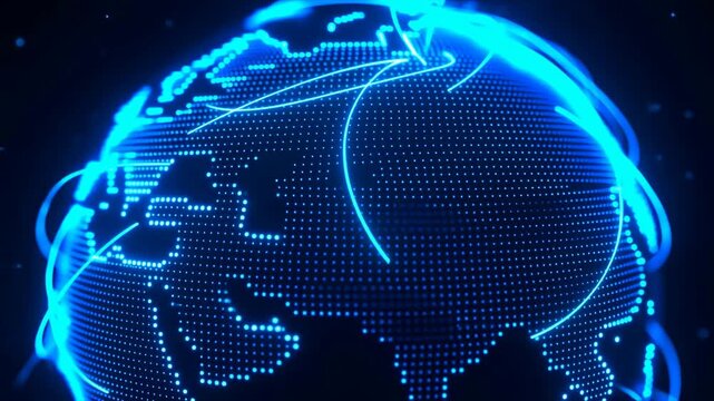 Rotating digital network globe with glowing routes in dark space. Technology presentations, telecommunications advertising, and internet service promotion.