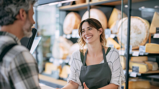 Young female deli worker attending to a male customer with top notch customer service at a neighborhood grocery store