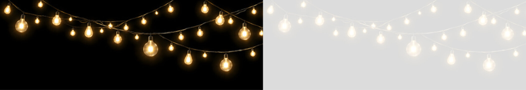 Glowing Edison bulb garlands draped on black and transparent background. Hanging string lights background vector