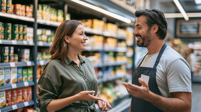 Smiling woman talking with a male shop assistant in a grocery store aisle, receiving help and good customer service