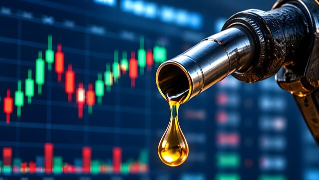 Golden oil drop falling from fuel pump nozzle with blurred financial stock market graphs representing energy commodity trading