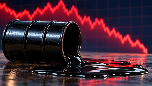 Spilled Crude Oil Barrel with Falling Red Graph Showing Economic Energy Market Crash