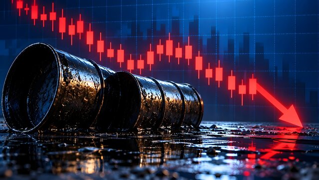 Fallen Crude Oil Barrels and Downward Red Candlestick Chart Indicating Bear Market Trend