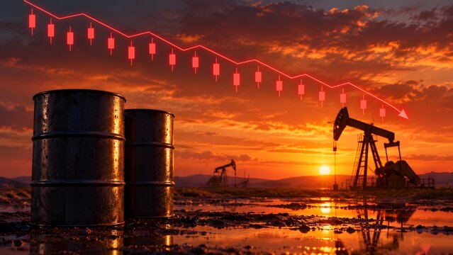 Rusty Oil Barrels and Pumpjacks at Sunset with Downward Financial Chart Highlighting Energy Market Crash