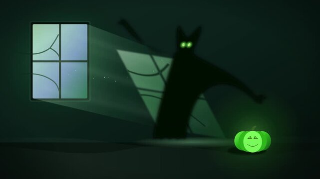 Seamless looping Halloween scene: eerie green light through a window projects on the wall while a shadow grows into a ghost monster with glowing green eyes. Great for zombie and horror game themes. No