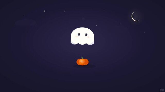 A cute cartoon Halloween motion graphic scene where a friendly ghost gets surprised and jumps up when a tiny pumpkin hops.