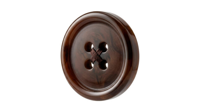 Clothing button &mdash; Photorealistic clothing button, round four-hole sewing button with smooth polished surface and gently beveled edge, classic garment fastener; macro three-quarter view, razor-sharp