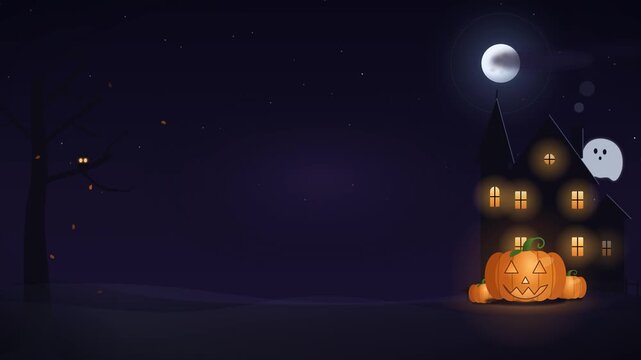 Seamless looping Halloween background with a clean dark center for text: a haunted house with flickering windows and chimney smoke, a glowing jack-o-lantern, a full moon with passing clouds, a swaying