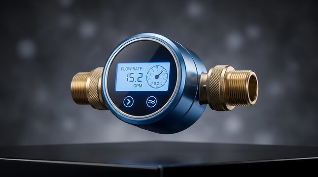 Digital water flow meter with blue display showing volumetric rate.