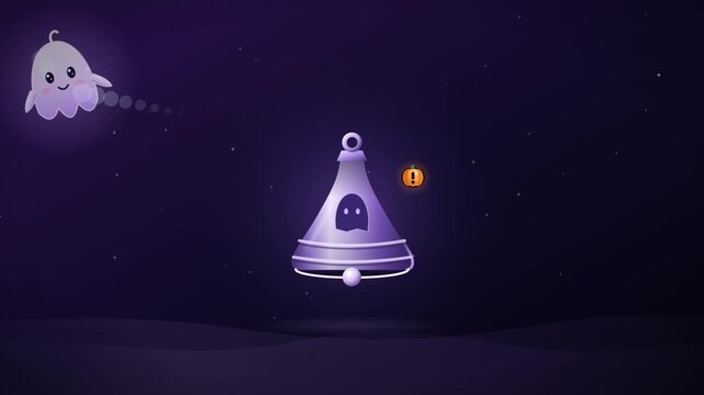 Seamless looping Halloween notification scene: a lavender ghost taps an amethyst bell in a violet night, sound waves and sparkles burst out and a pumpkin alert badge pops up. Magical mood, no text, no