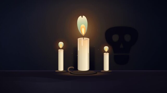 Seamless looping Halloween scene: three candles of different heights flicker on a table, the flames bend in a ghostly breeze and a giant skull shadow rises on the wall. Gothic candelabra mood. No text