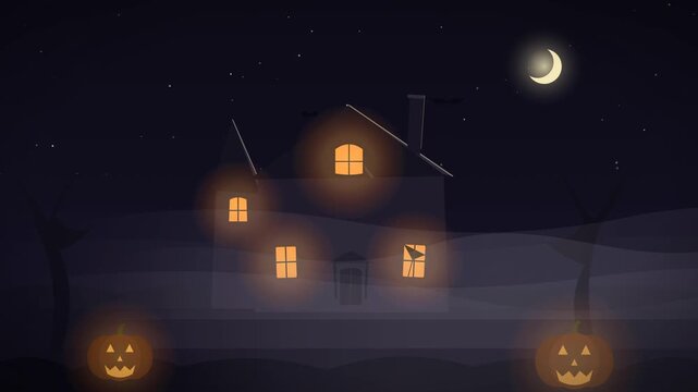 Seamless looping Halloween scene: haunted house in fog with two flickering glowing jack-o-lanterns in the foreground, ghost and bats. No text, no logos.