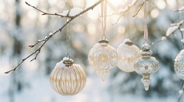 Delicate glass ornaments hanging from branches in a soft winter wonderland scene