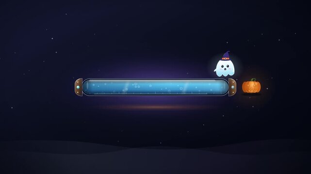 Seamless looping Halloween loading bar scene: a glass vial fills with glowing icy blue potion and bubbles while a cute ghost in a witch hat flies ahead, then jumps onto a pumpkin that lights up with s