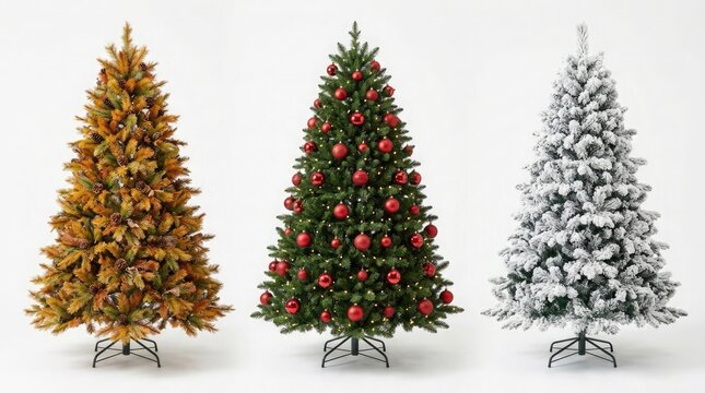 Three christmas trees in different styles and colors on a white background