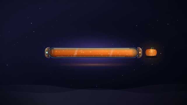 Seamless looping Halloween loading bar scene: a glass vial fills with glowing orange potion and rising bubbles, then a pumpkin lights up with sparkles, magic rings and flying bats. Clean and simple, n