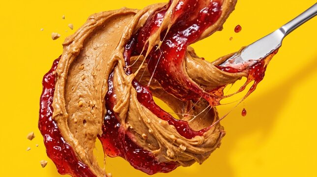 A dynamic swirl of creamy peanut butter and strawberry jam spread with a knife on yellow background.