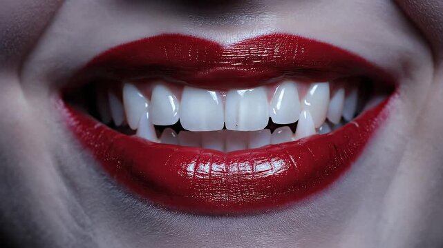 Extreme Close Up Of Glossy Red Lips Smiling To Reveal Vampire Fangs