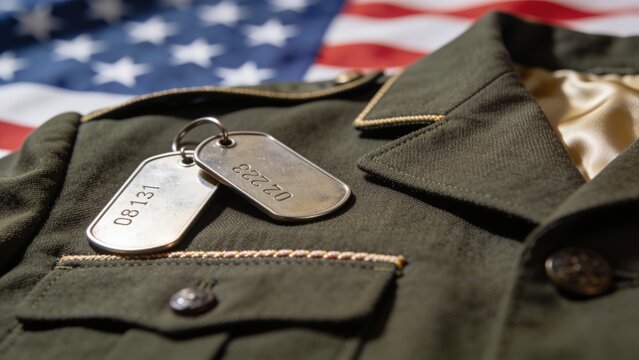 Resting metal dog tags lying on olive-green military jacket on studio table, with US flag