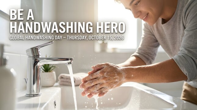 Young man washing hands in modern bathroom for global handwashing day awareness